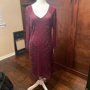 Pisarro Nights Wine Beaded Long Sleeve Dress